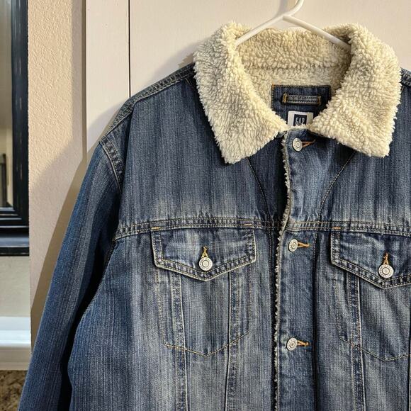 Gap Men’s Sherpa-Lined Icon Denim Jacket Size Large Medium Wash Blue Classic - Picture 4 of 8
